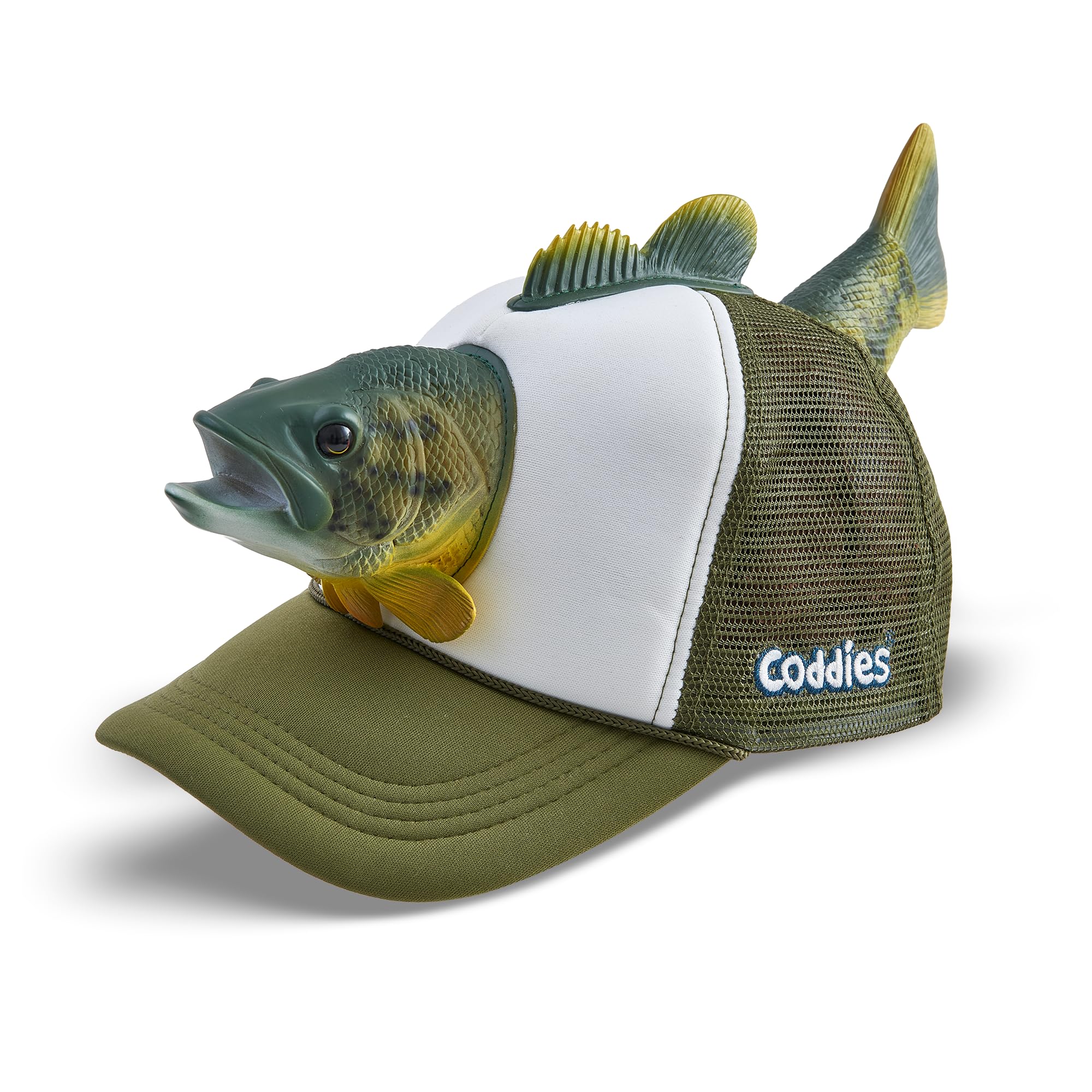 Coddies Bass Fish Hat front view shows playful novelty for anglers