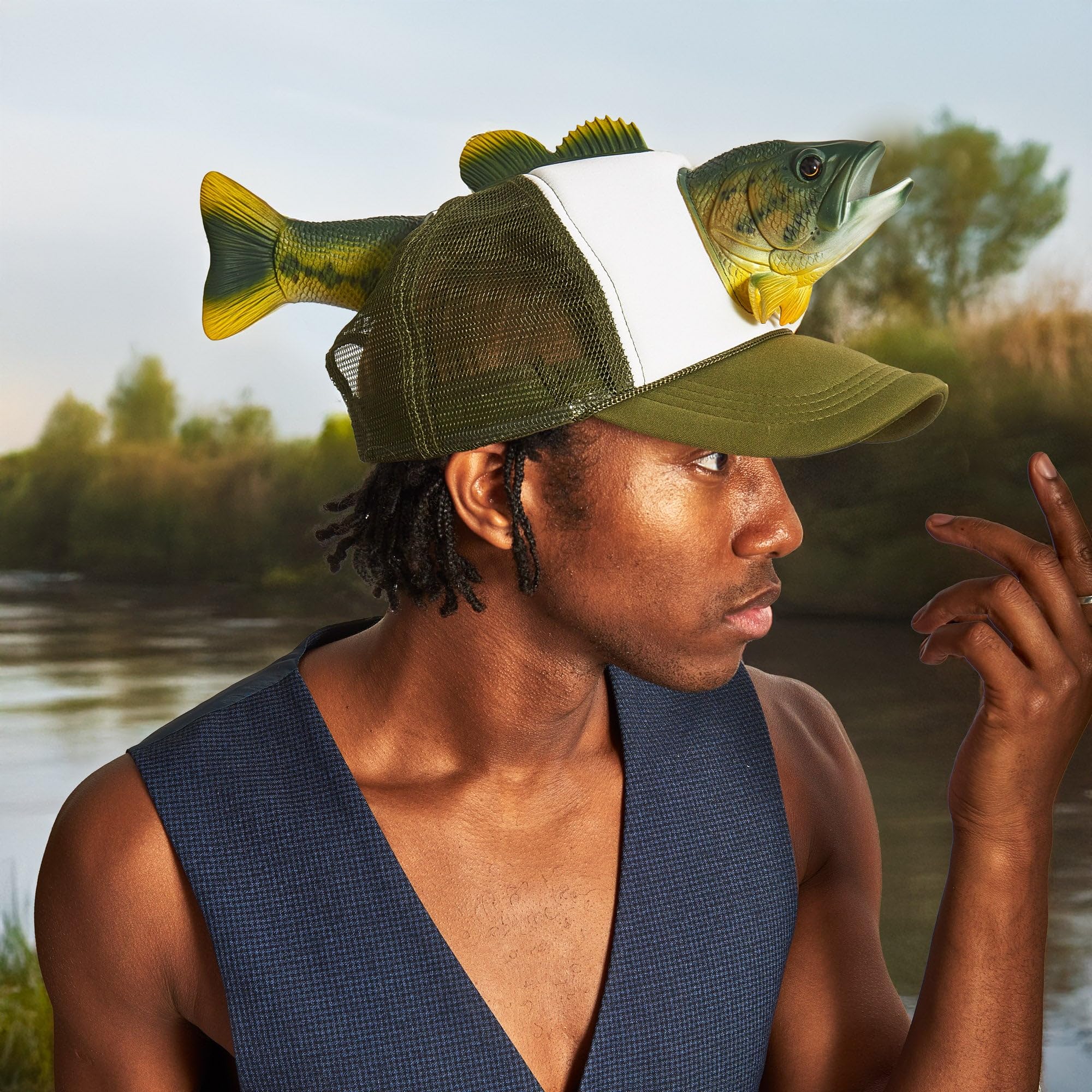Person wearing Coddies Bass Fish Hat while fishing
