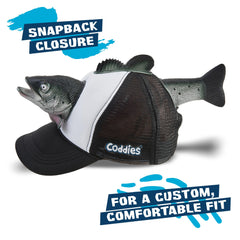 Coddies Tuna Fish Hat side view shows wearable humor for trips.