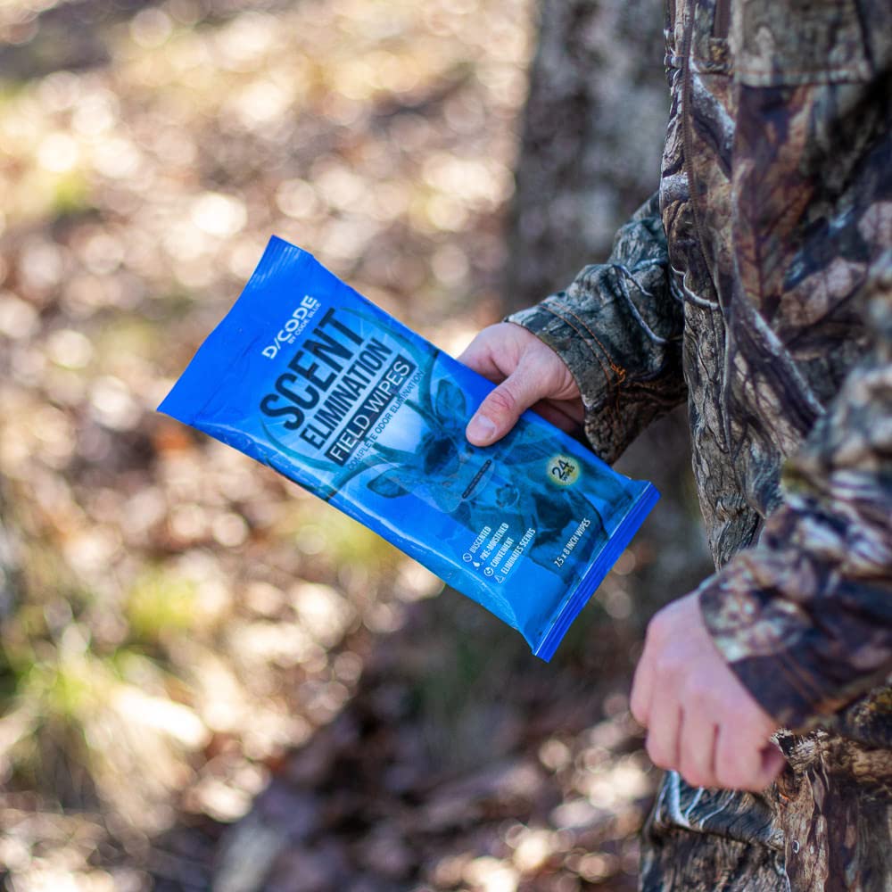 Graphic illustrating Code Blue odor-elimination technology in hunting environments.