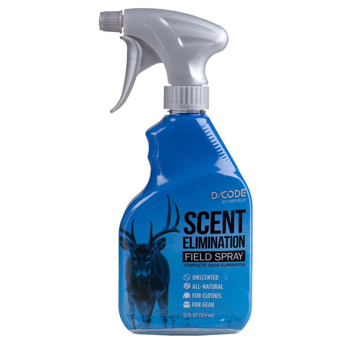 Code Blue Scent Elimination Field Spray bottle reduces human odor on gear.