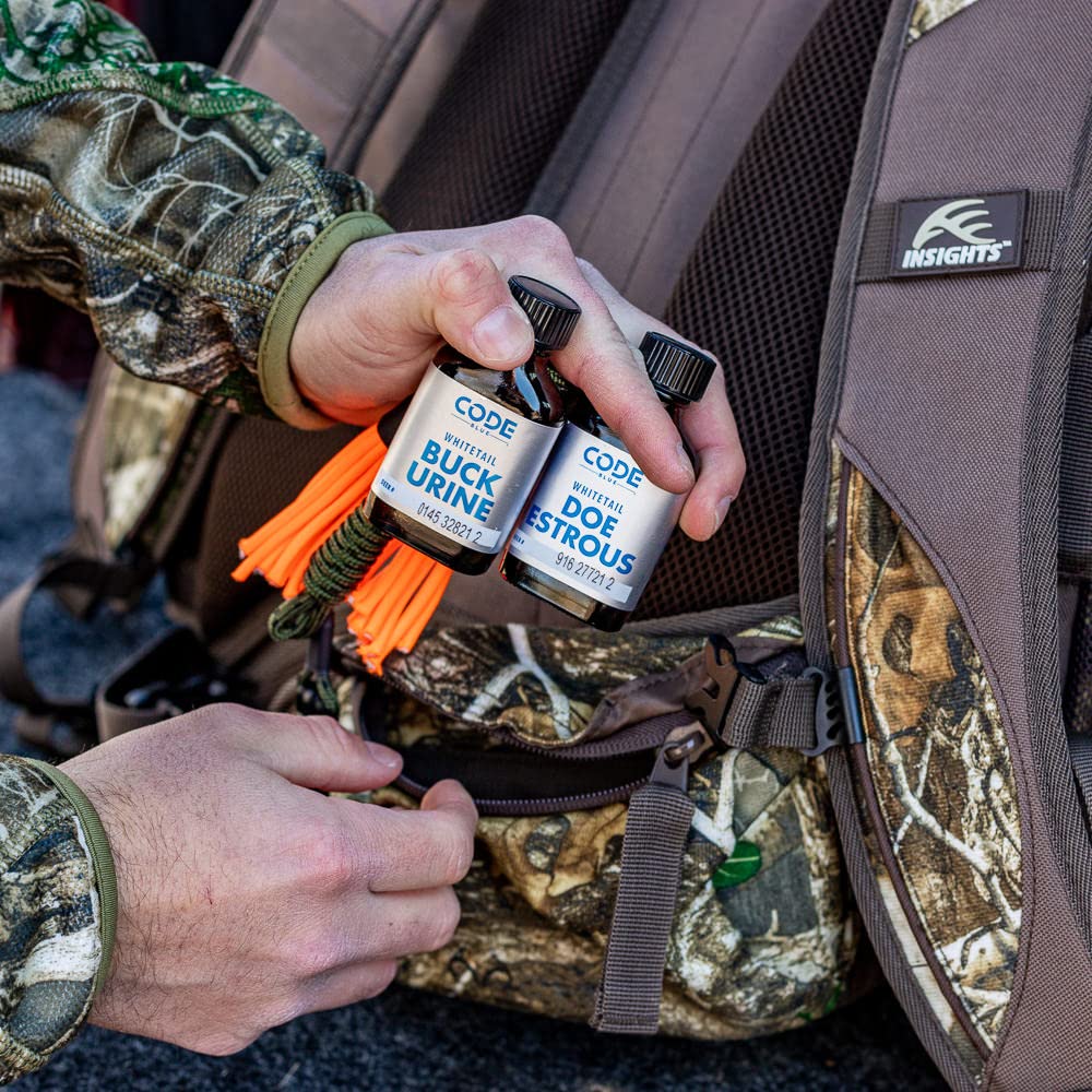 Code Blue Whitetail Buck Urine pour-ready bottle enables quick scent deployment.