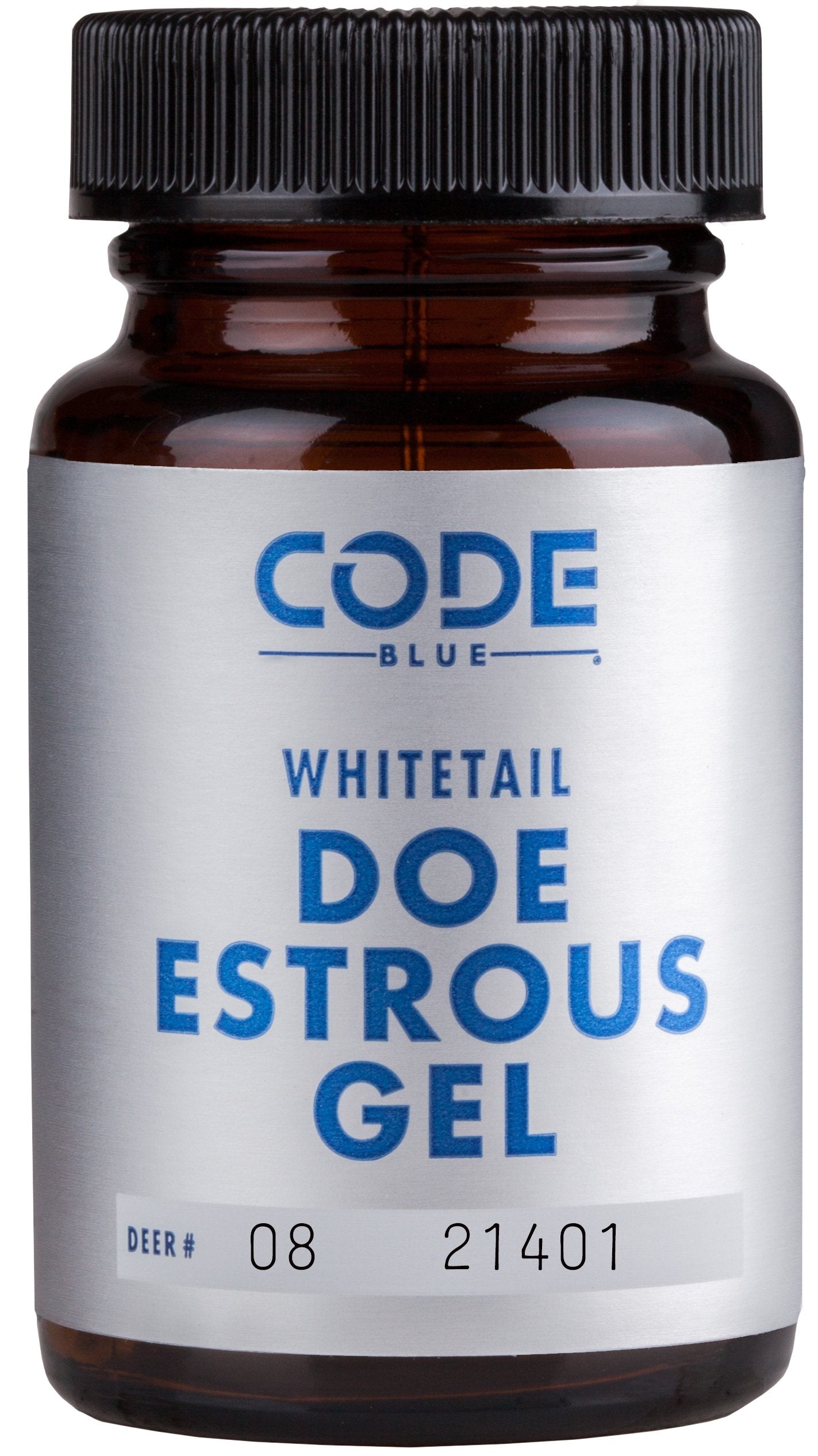 Amber glass bottle of Code Blue Whitetail Doe Estrous Gel front view