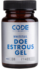 Amber glass bottle of Code Blue Whitetail Doe Estrous Gel front view