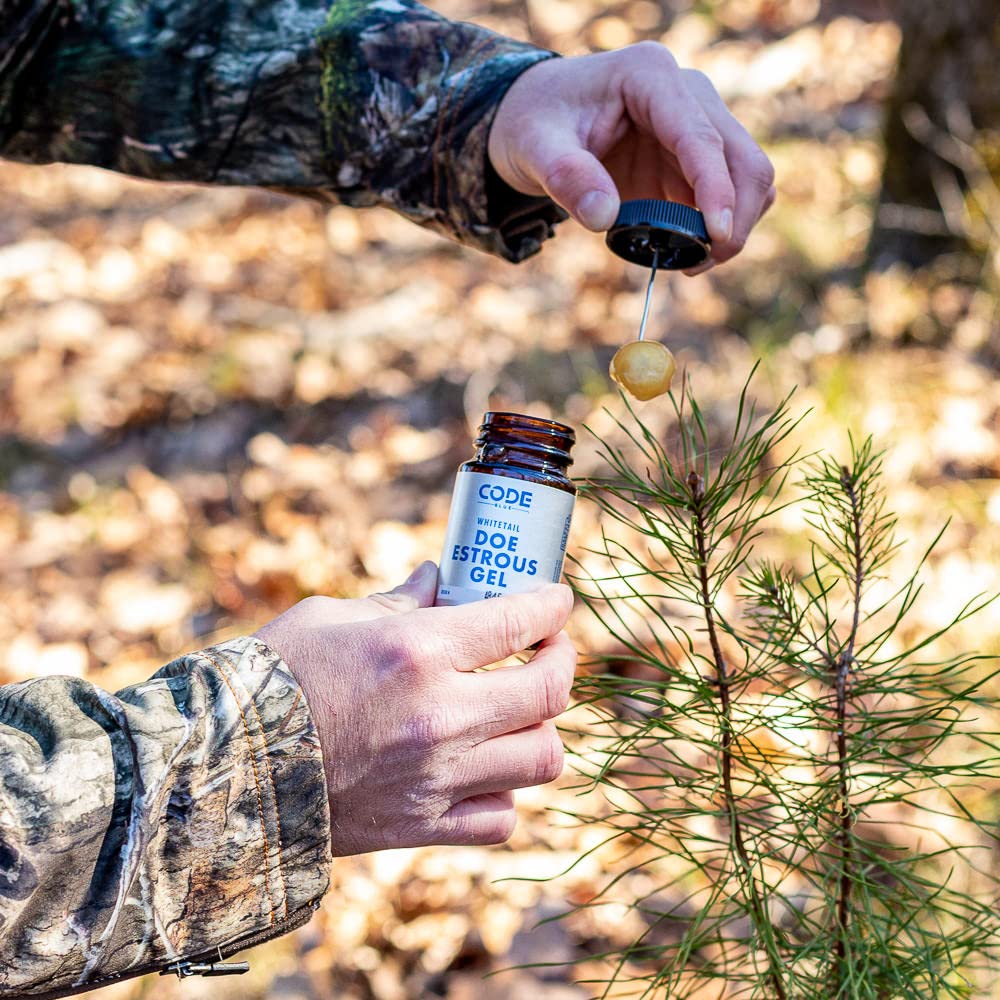 Code Blue Whitetail Doe Estrous Gel in-field scent deployment ready.