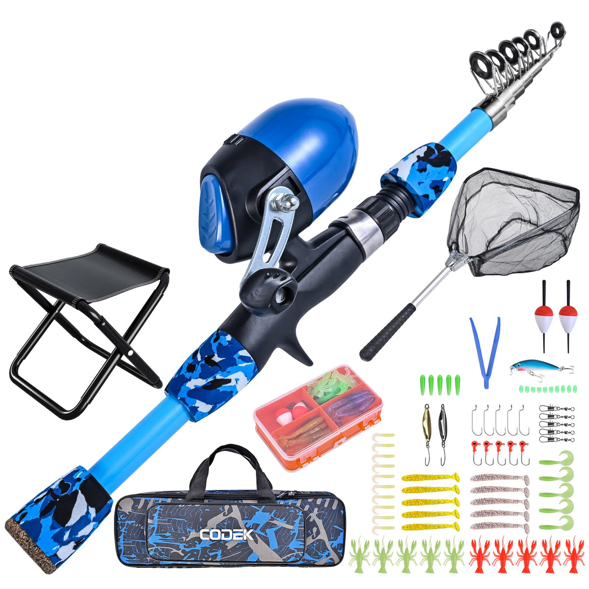 CODEK kids fishing pole set in blue with portable telescopic rod, 170cm length