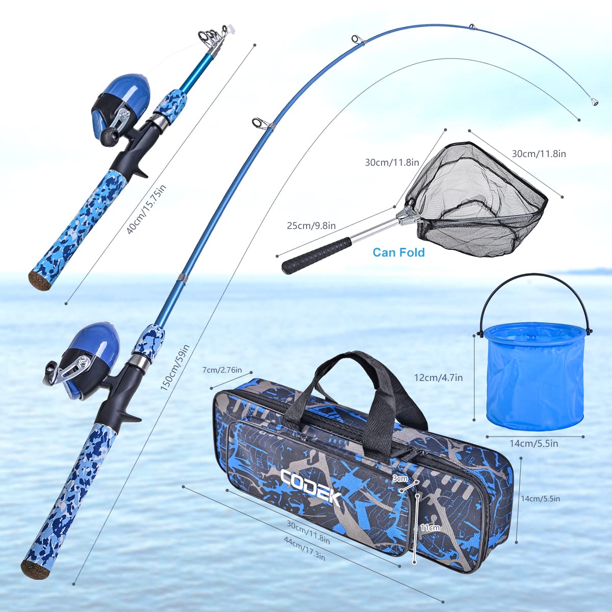 CODEK Kids Fishing Pole Set foldable buckets save space during trips.