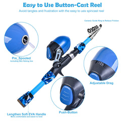 Extended portable telescopic fishing rod and pre-spooled reel