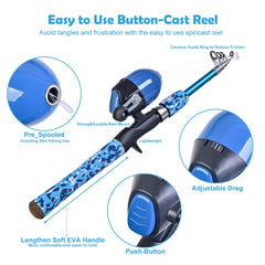 Telescopic kids fishing rod and reel in portable starter kit