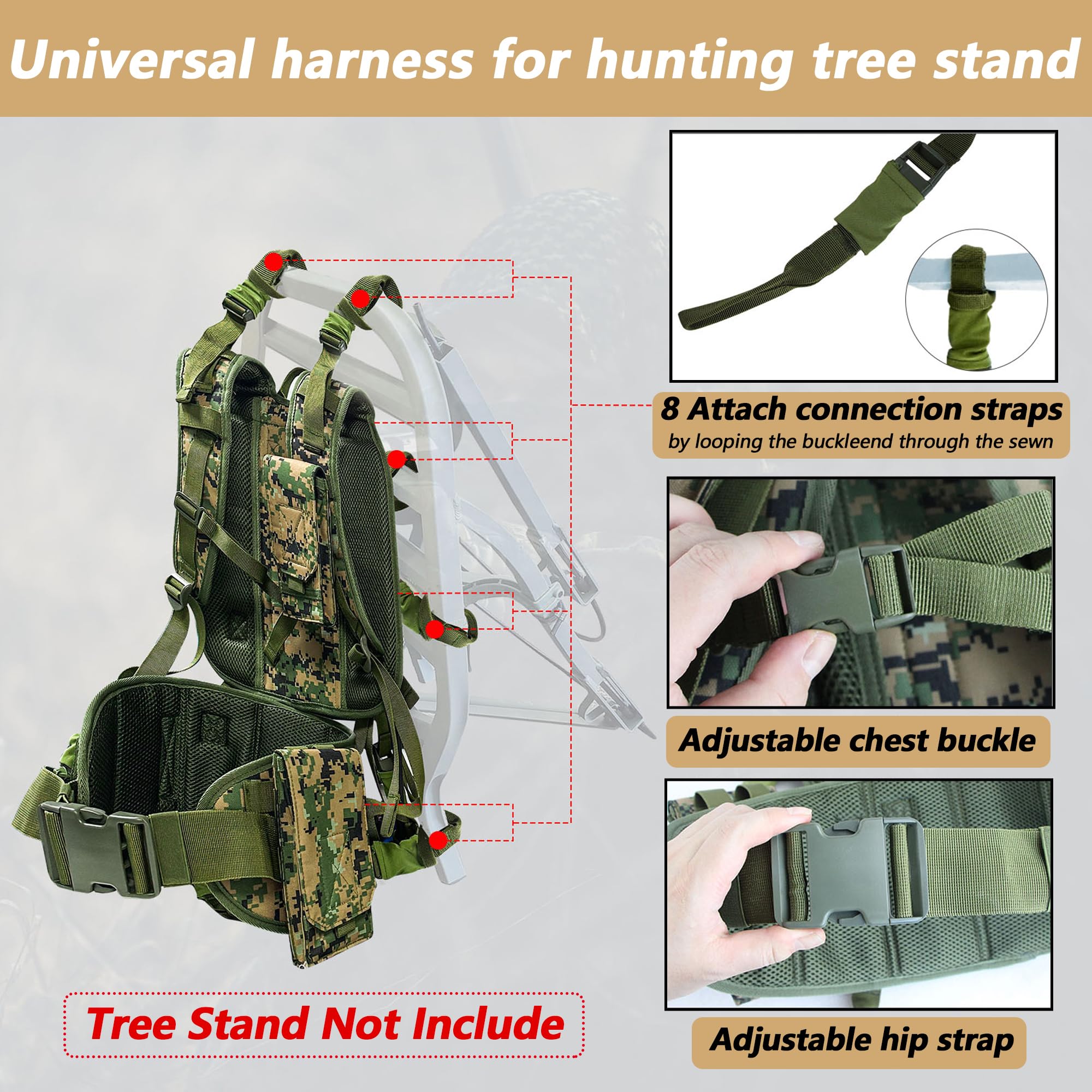 Codree Tree Stand Harness ergonomic shoulder and hip straps for comfortable wear.