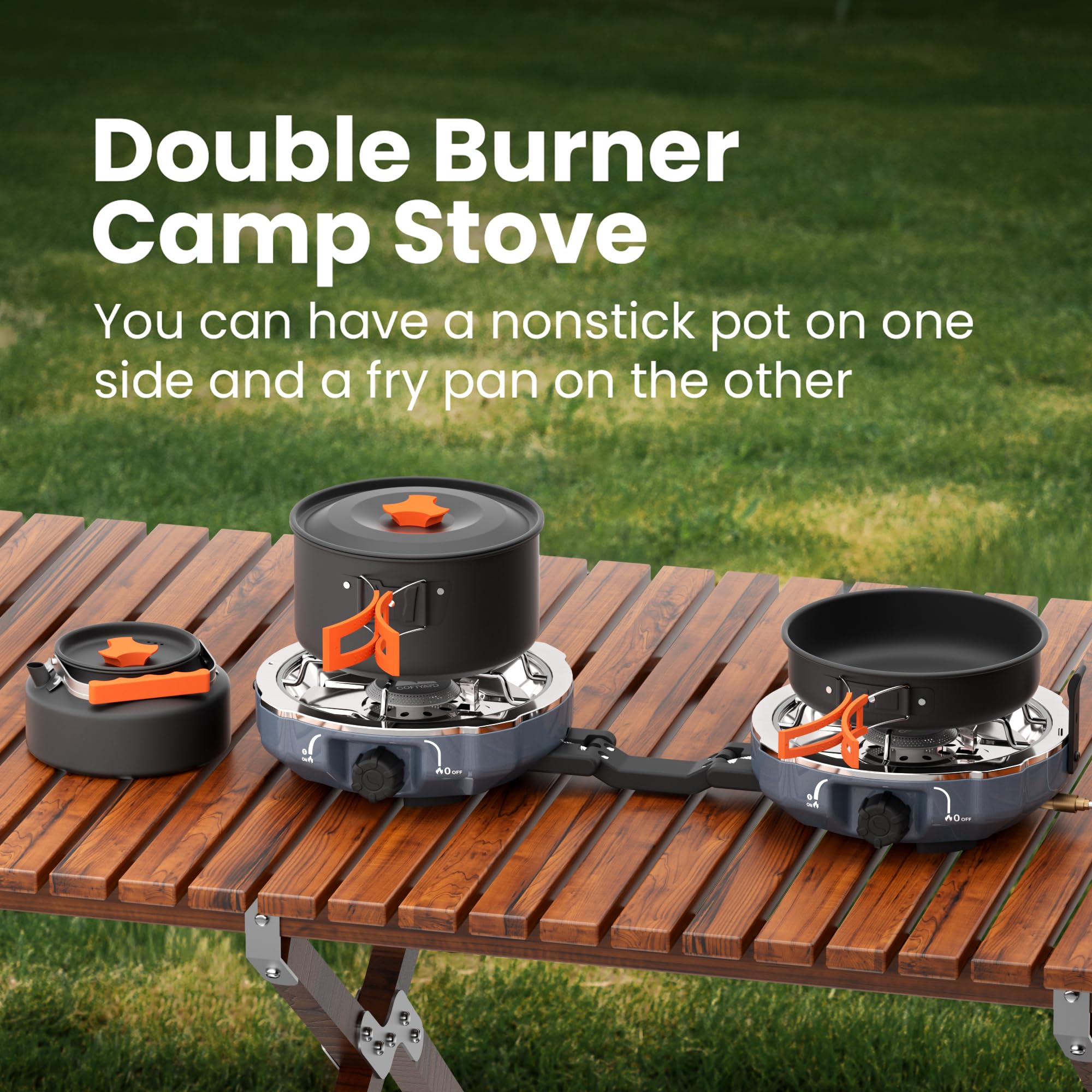 Cofiyard camping cookware set including pot, pan, and kettle.
