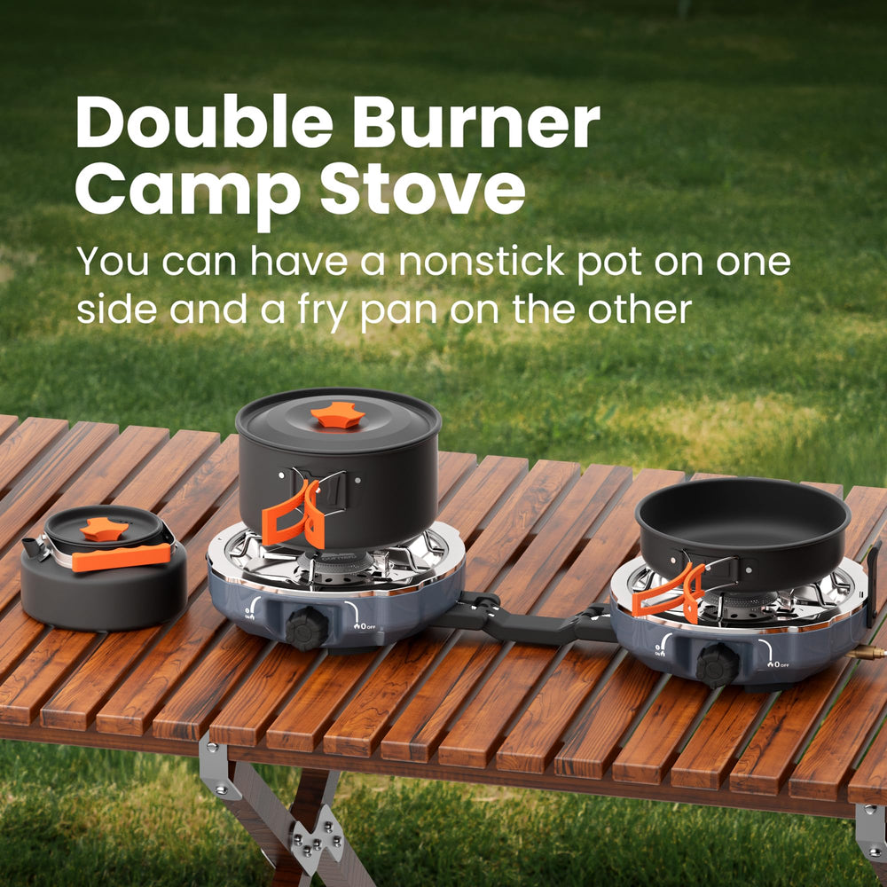 Cofiyard camping cookware set including pot, pan, and kettle.