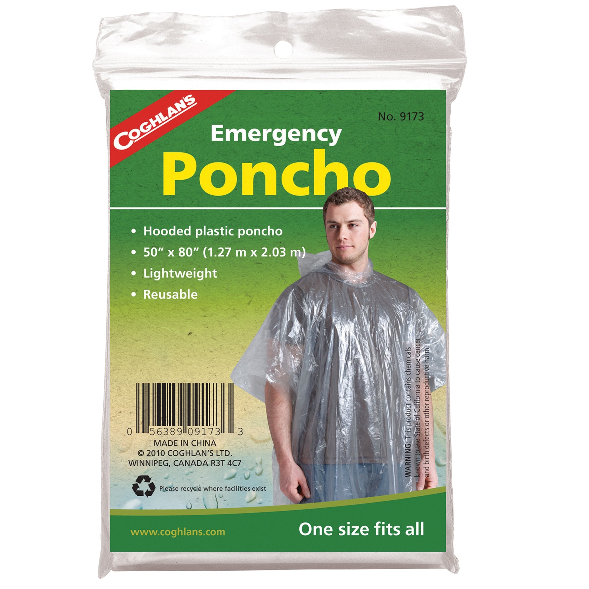 Coghlan's 9173 emergency poncho folded compactly for quick rain protection.
