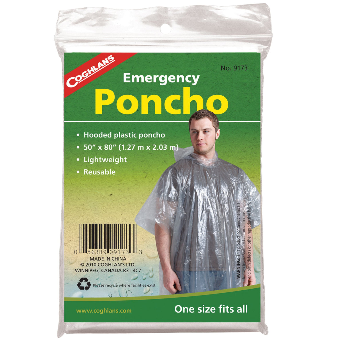 Coghlan's 9173 emergency poncho folded compactly for quick rain protection.