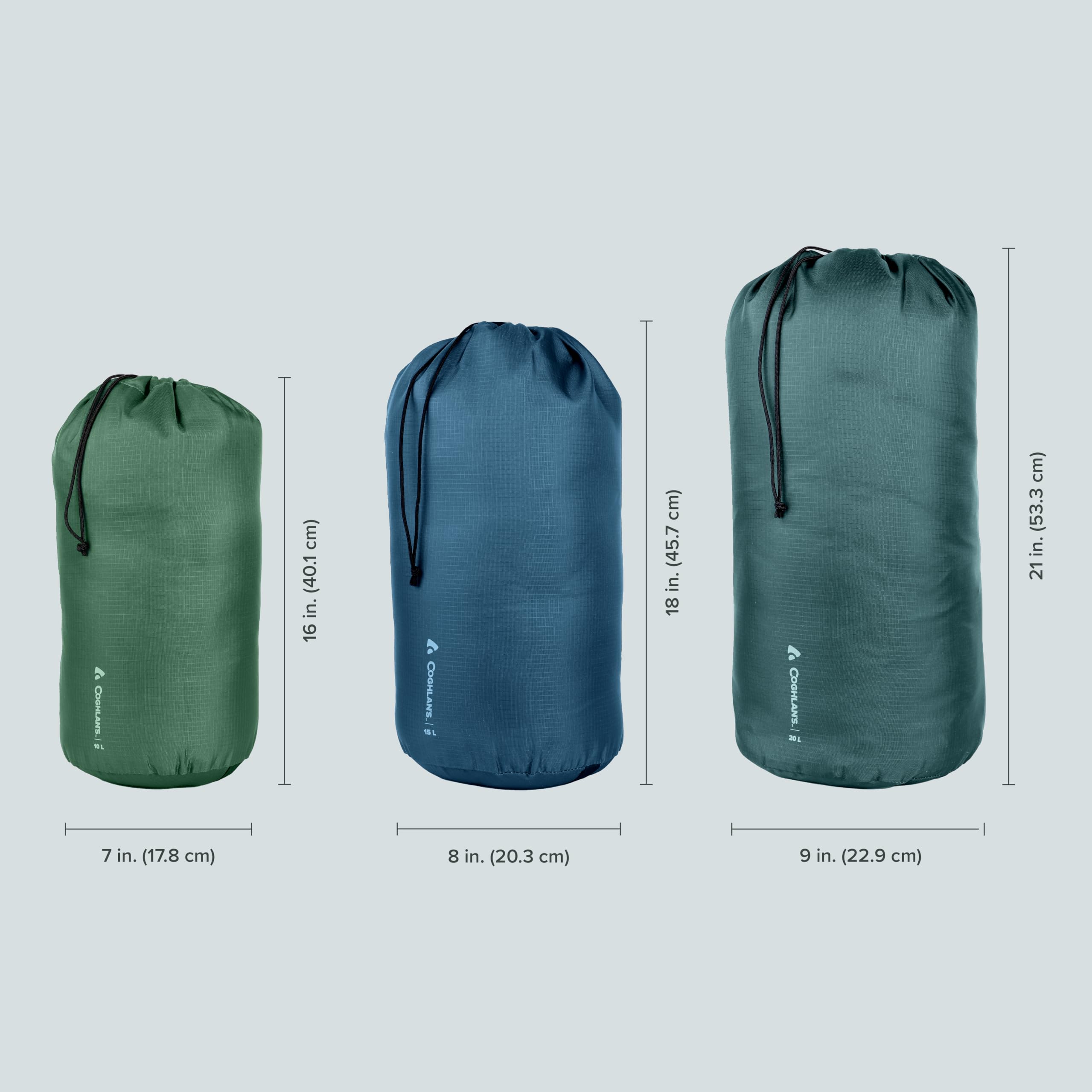 15L capacity demonstrated by Coghlan's Stuff Sack dimensions