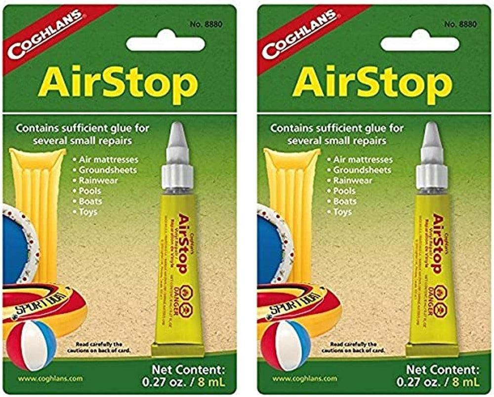 Coghlan's AirStop 8ml tube seals PVC quickly for air mattresses, pools, and rainwear.
