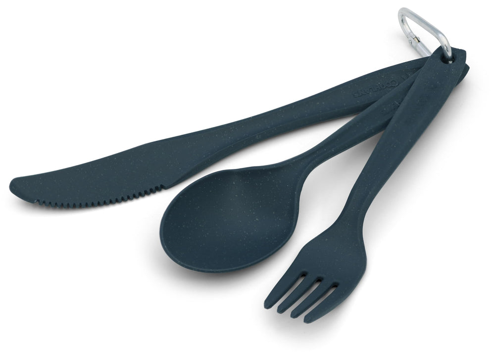Coghlan's Camp Cutlery full set attached to a carabiner for easy packing