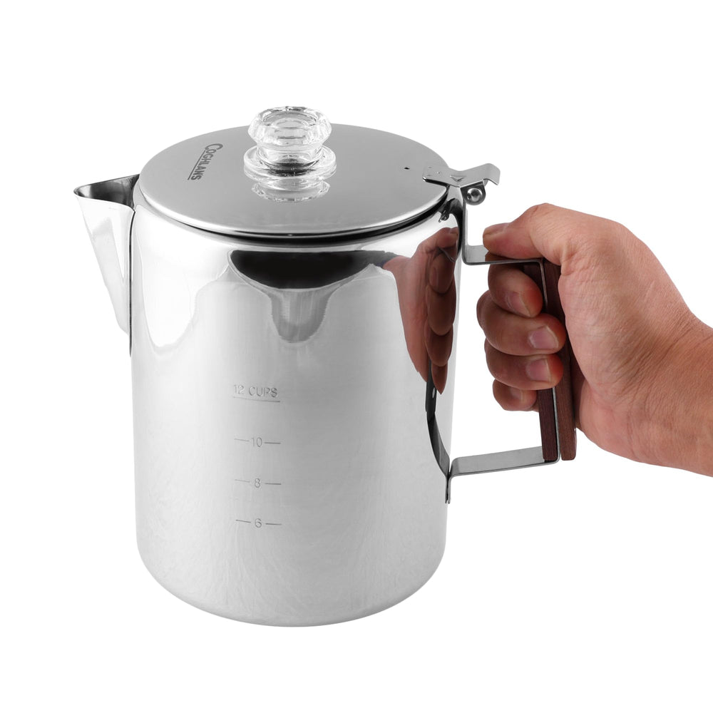 Coghlan's coffee pot with hinged lid and wooden handle for safe pouring