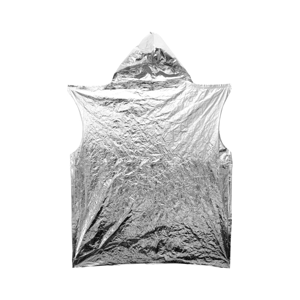 Coghlan's Emergency Survival Poncho hood detail showing lightweight heat-reflective design for outdoor readiness.
