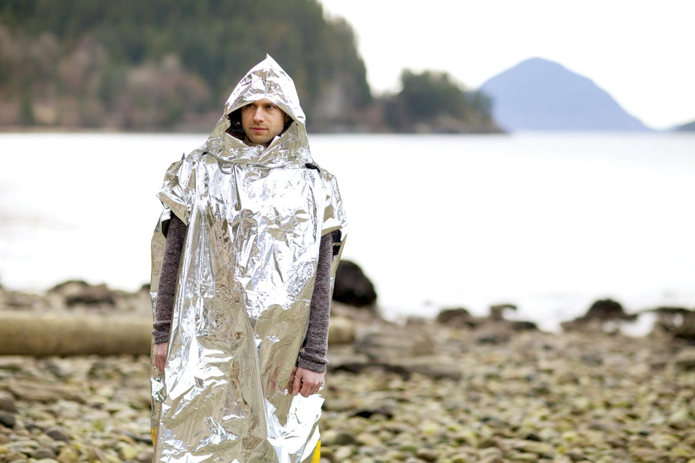 Coghlan's Emergency Survival Poncho material layering highlighting durable polyethylene and metallized aluminum.