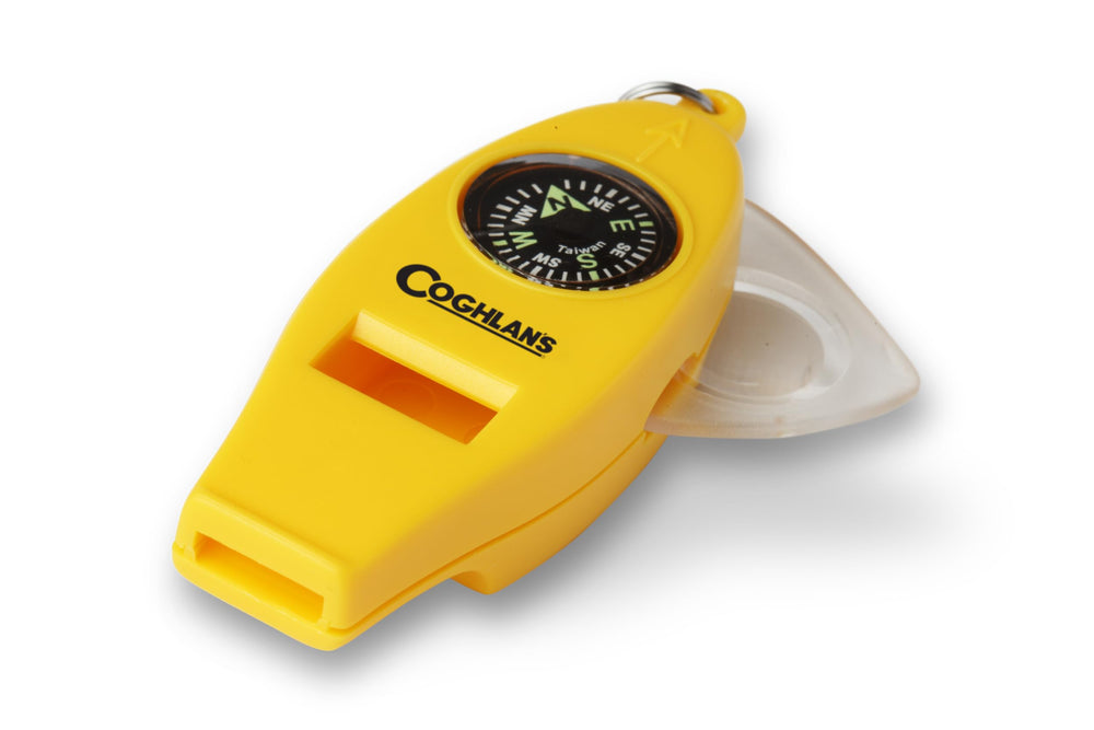 Coghlan's four-function whistle highlighting the built-in compass for navigation on hikes.