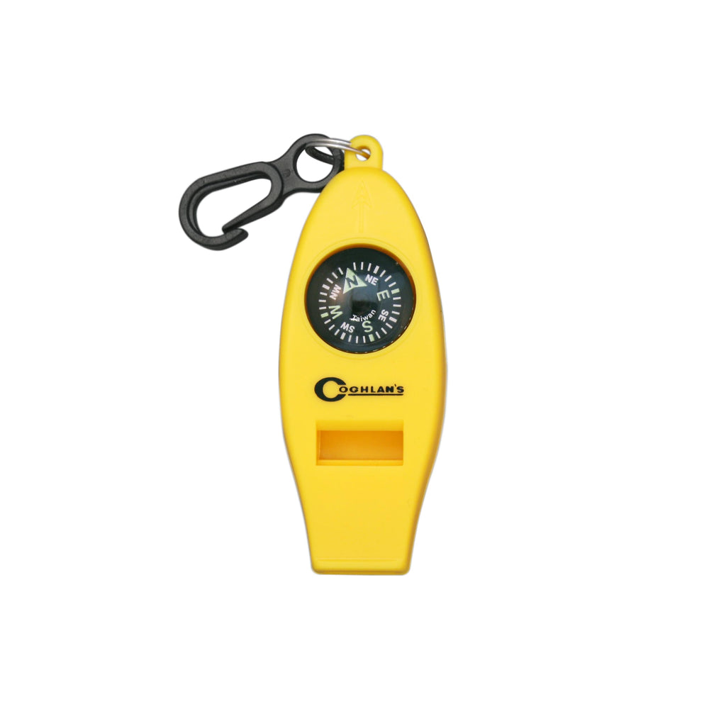 Coghlan's four-function whistle for kids with a bright yellow body for easy outdoor visibility.