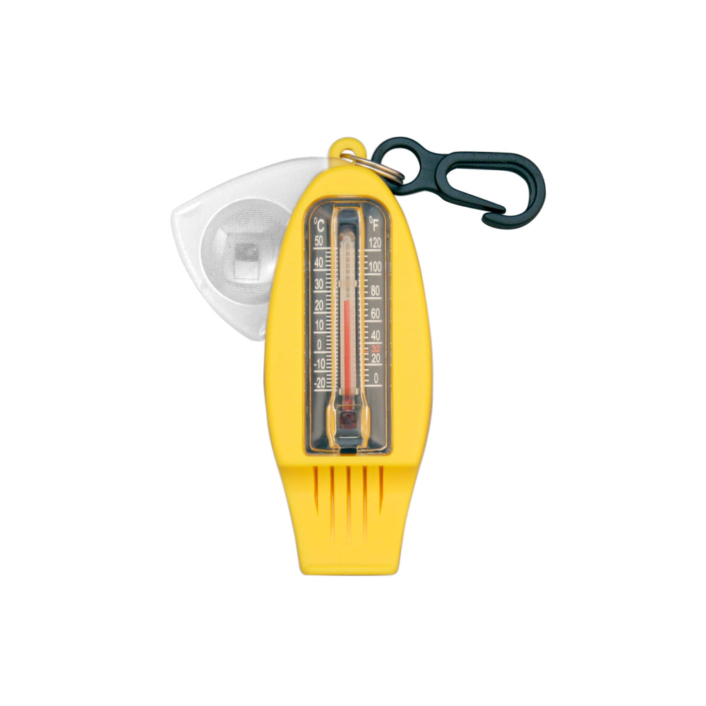 Coghlan's four-function whistle featuring thermometer and magnifier for weather checks and exploration.