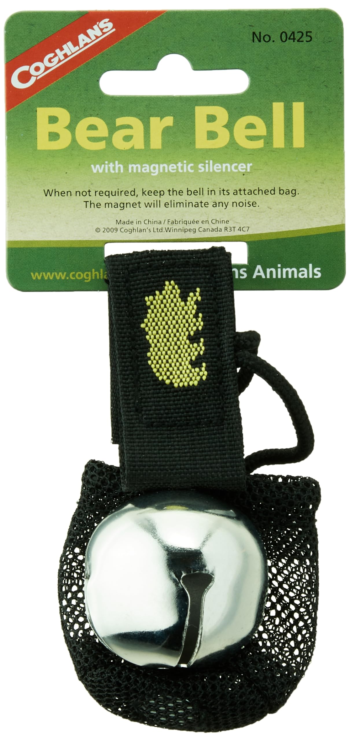 Coghlan's magnetic bear bell silencer attached to backpack for wildlife awareness during hikes