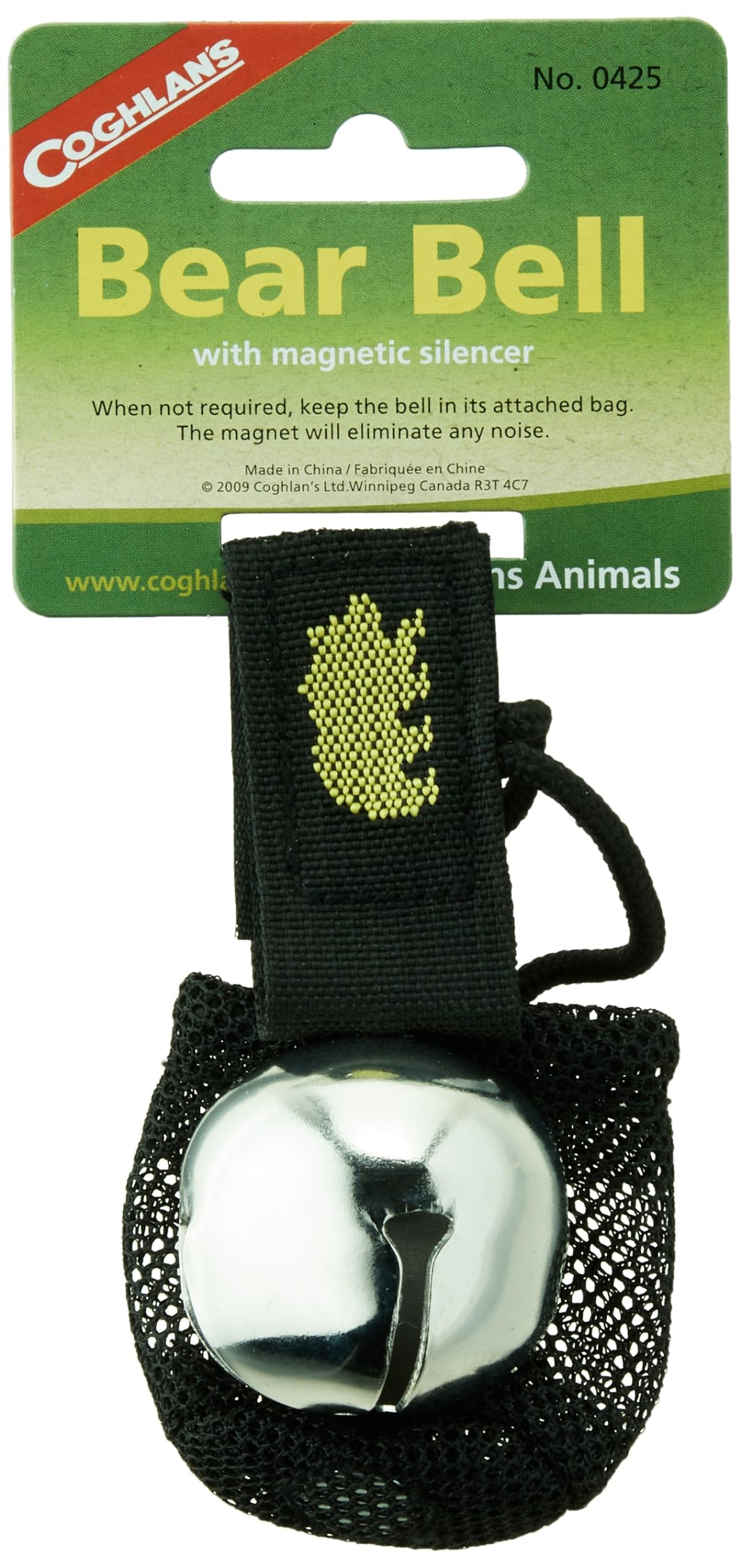 Coghlan's magnetic bear bell silencer attached to backpack for wildlife awareness during hikes