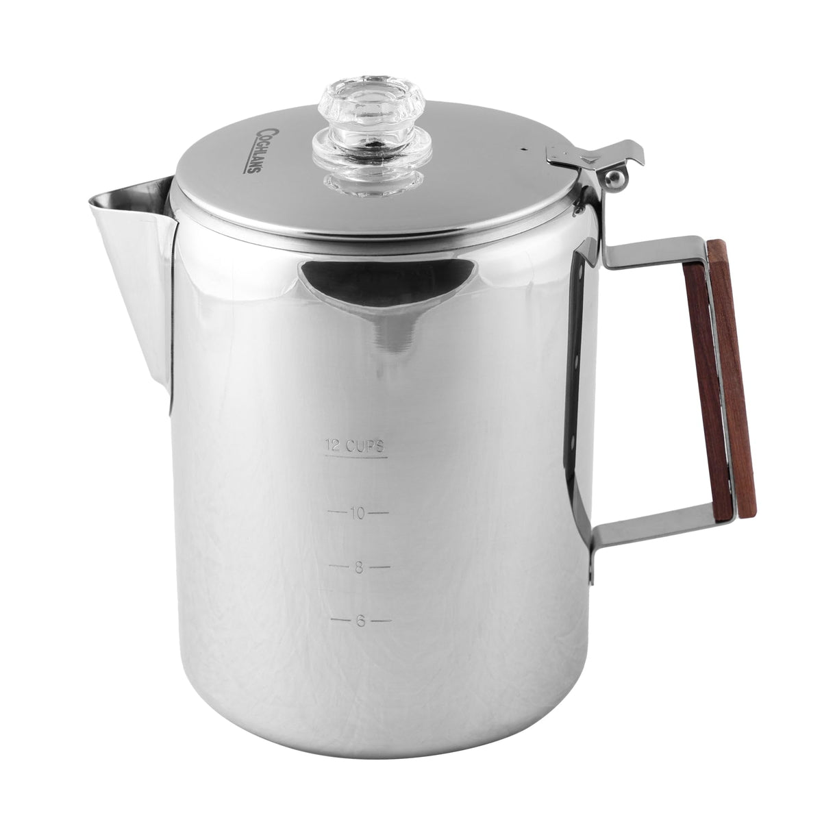 Coghlan's stainless steel coffee pot with 12-cup dome view for outdoor brew monitoring