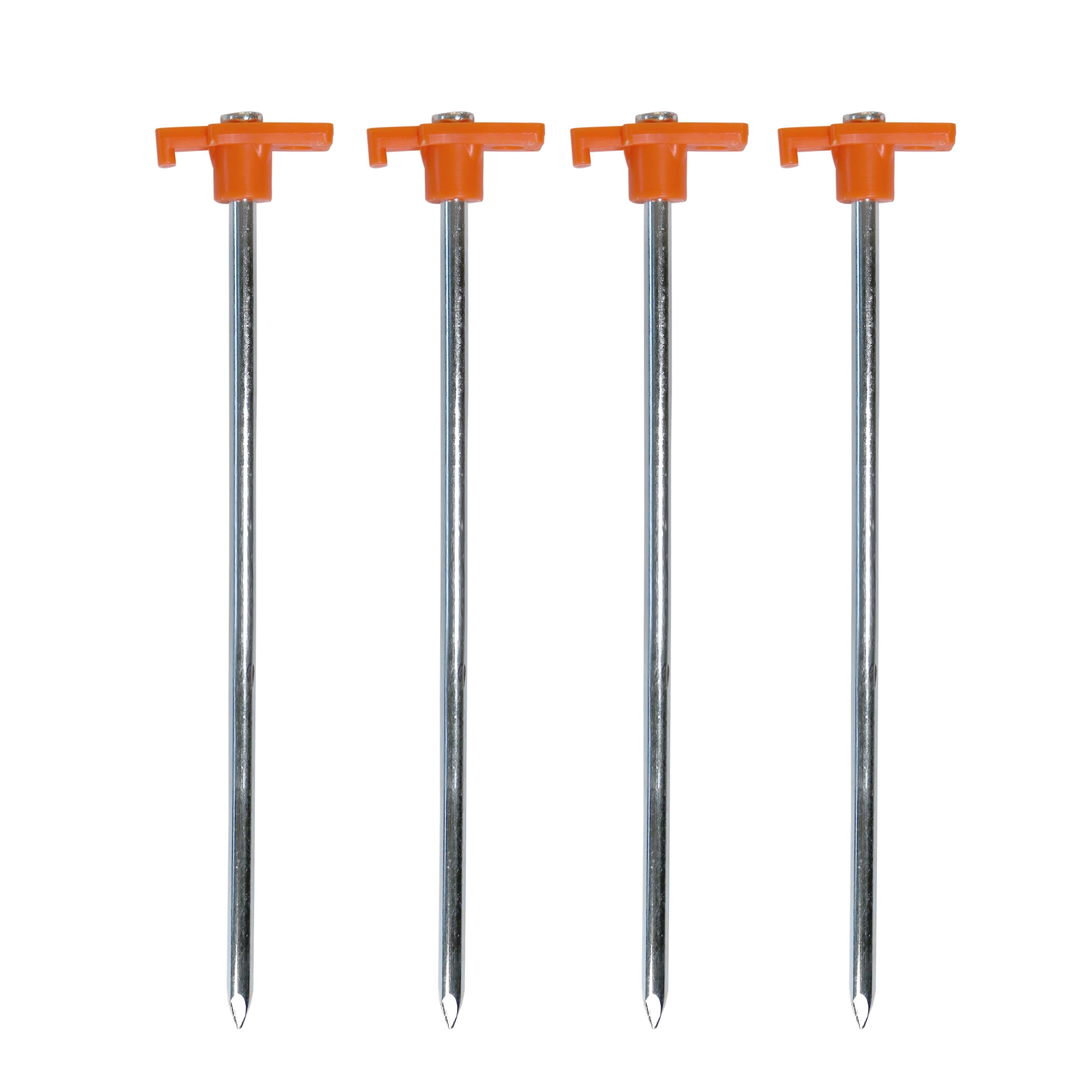 Coghlan's steel nail pegs 10-inch in use stabilizing a tent on rocky ground.