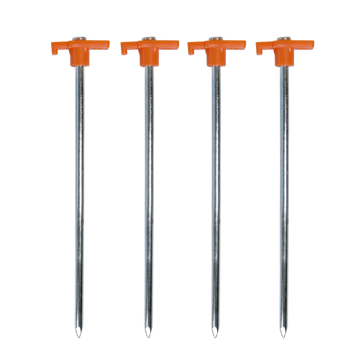 Coghlan's steel nail pegs 10-inch in use stabilizing a tent on rocky ground.