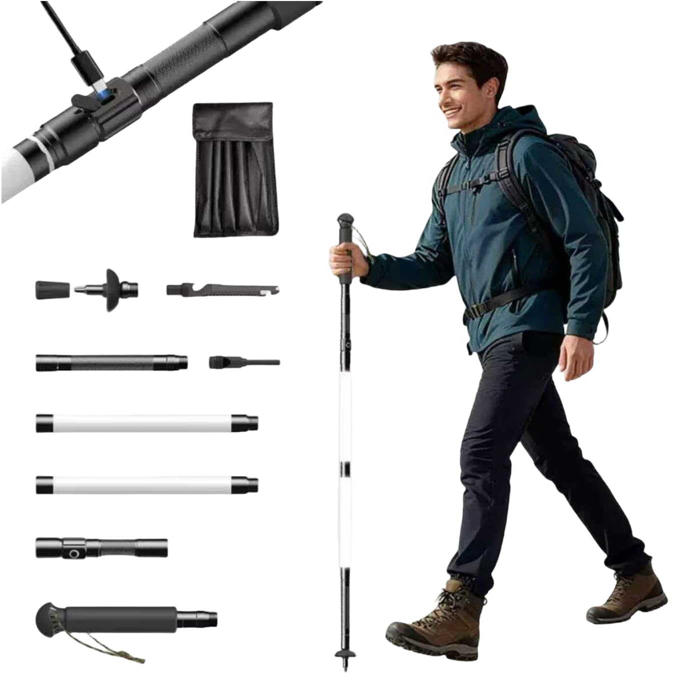 CoIerina illuminated hiking stick folded for compact storage in a backpack.