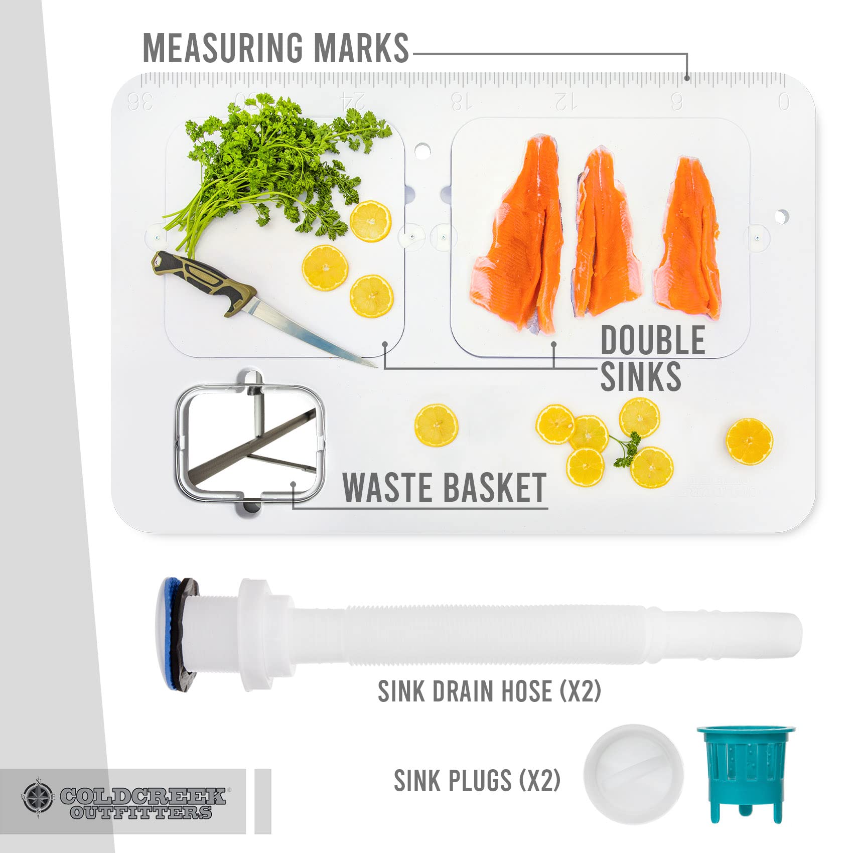 Coldcreek Outfitters dual-sink cleaning table set up for campsite cooking prep