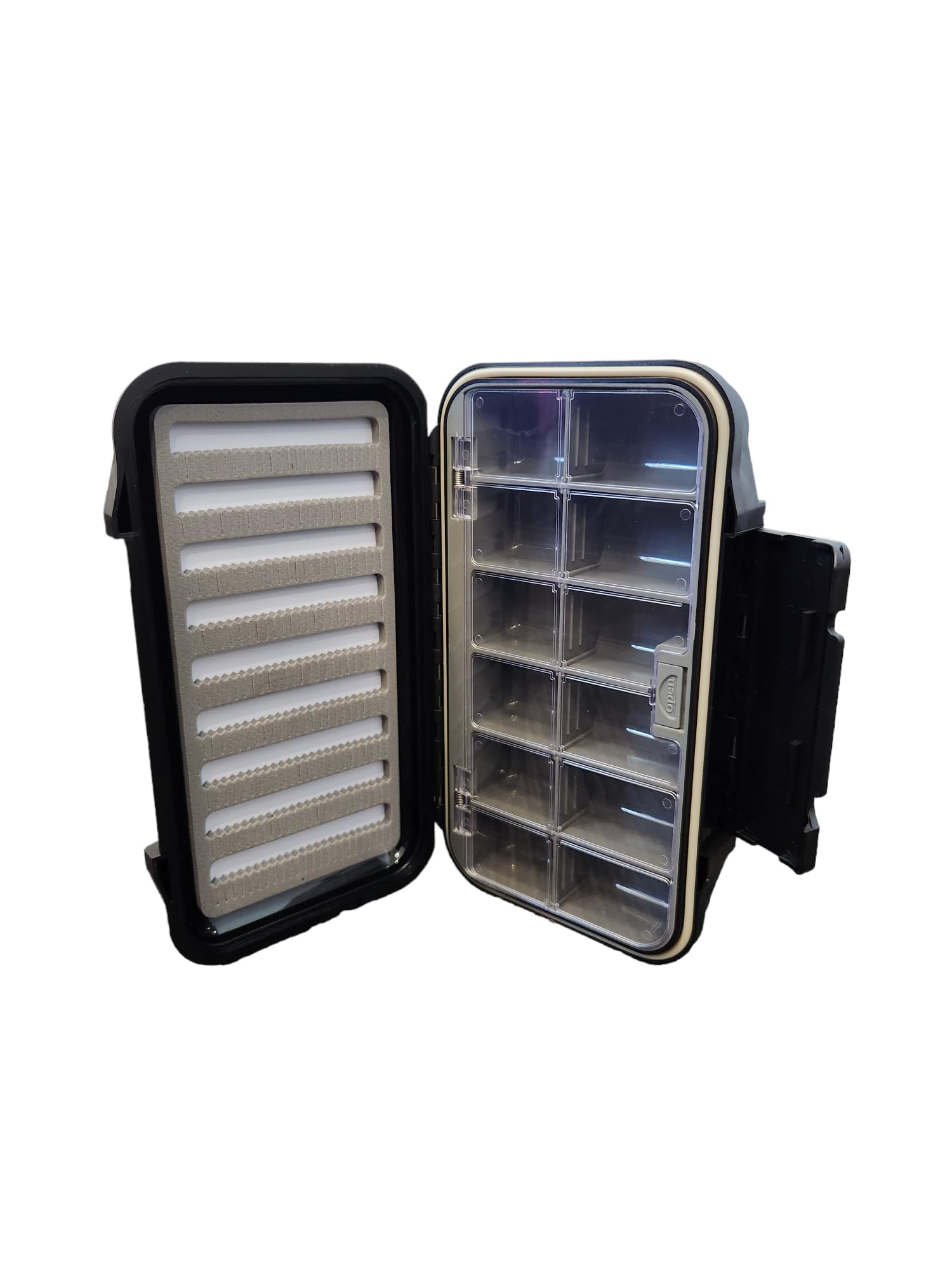 Coldwater Fly Box 12-compartment lid view with clear lid for quick fly selection.