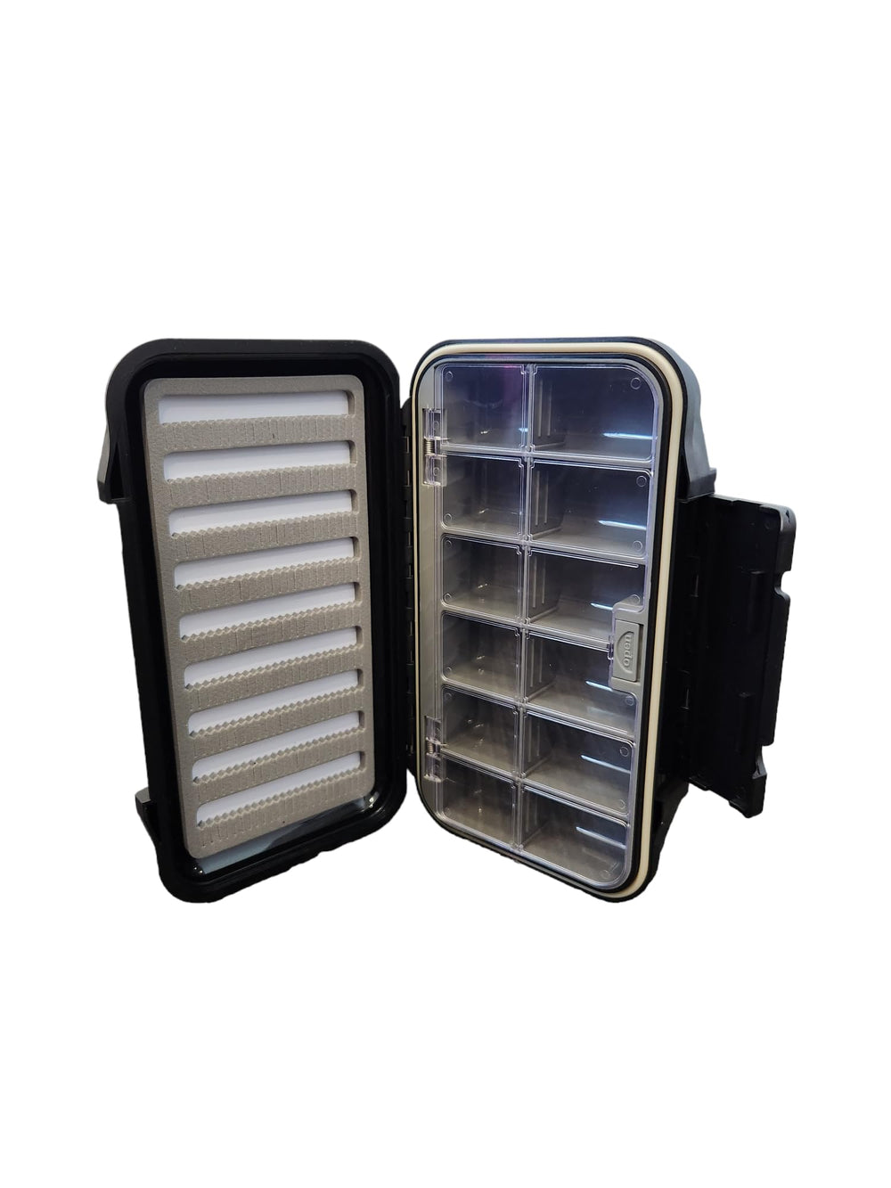 Coldwater Fly Box 12-compartment lid view with clear lid for quick fly selection.