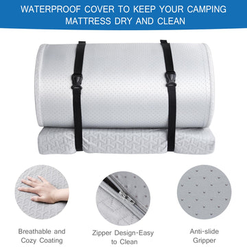 Coldwind memory-foam camping mattress pad opened, showcasing 72x24 size and 3-inch thickness.