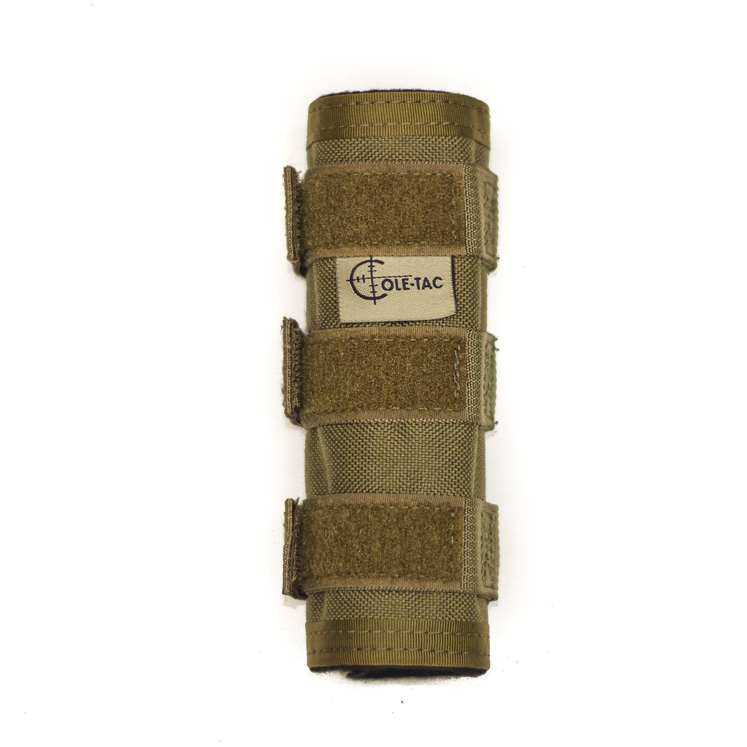 Cole-TAC Metal Python suppressor cover in coyote brown, secure fit for bolt-action rifles.