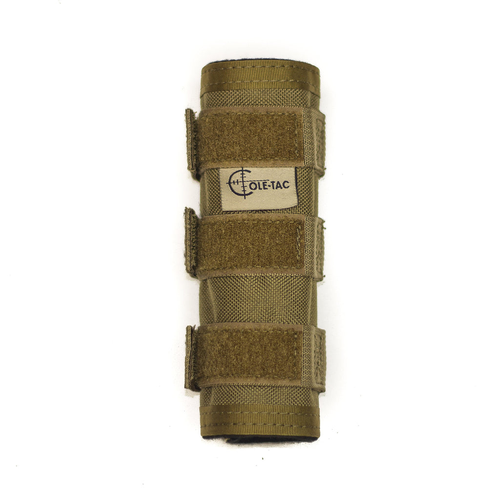 Cole-TAC Metal Python suppressor cover in coyote brown, secure fit for bolt-action rifles.