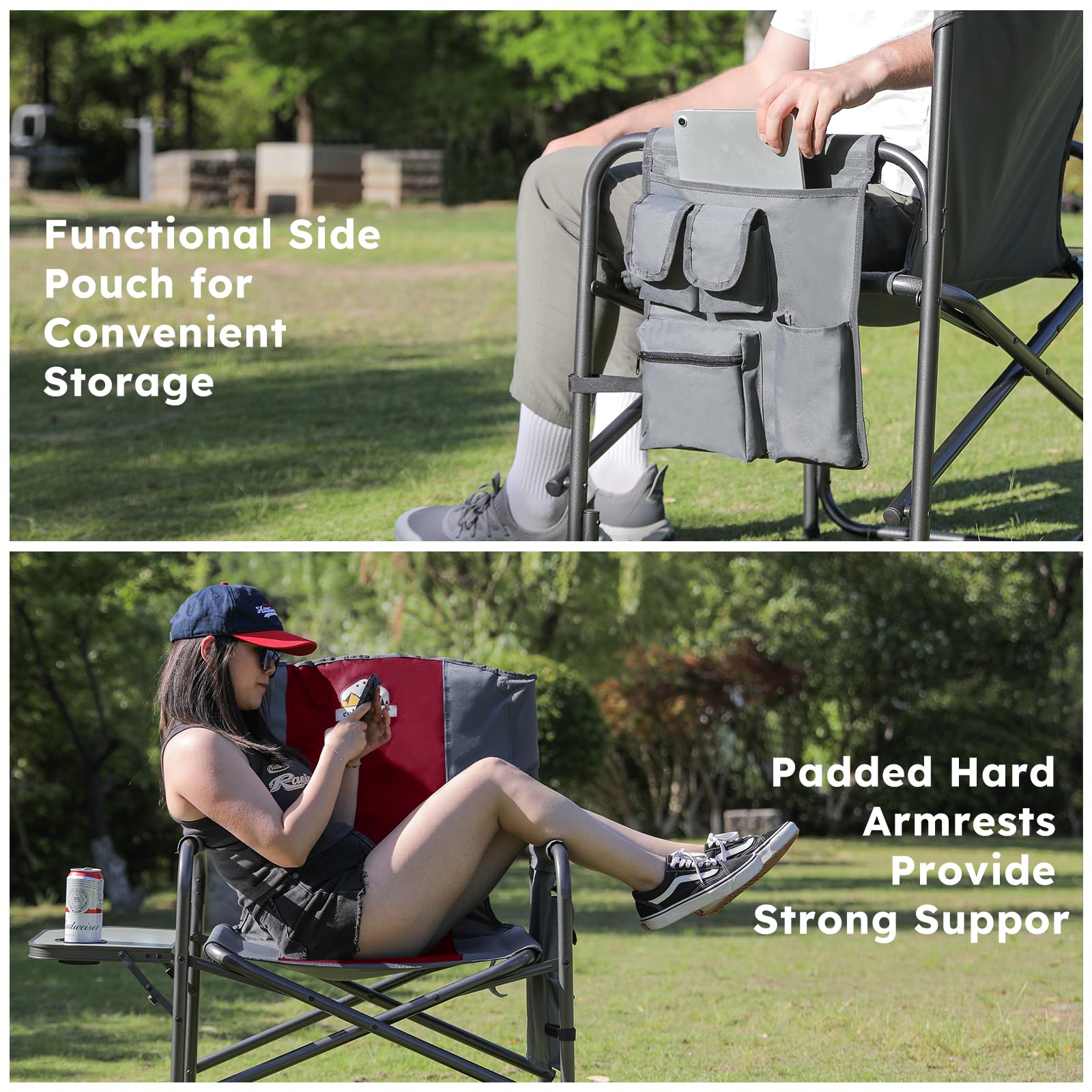 Colegence chair with detachable side pocket for extra gear storage.