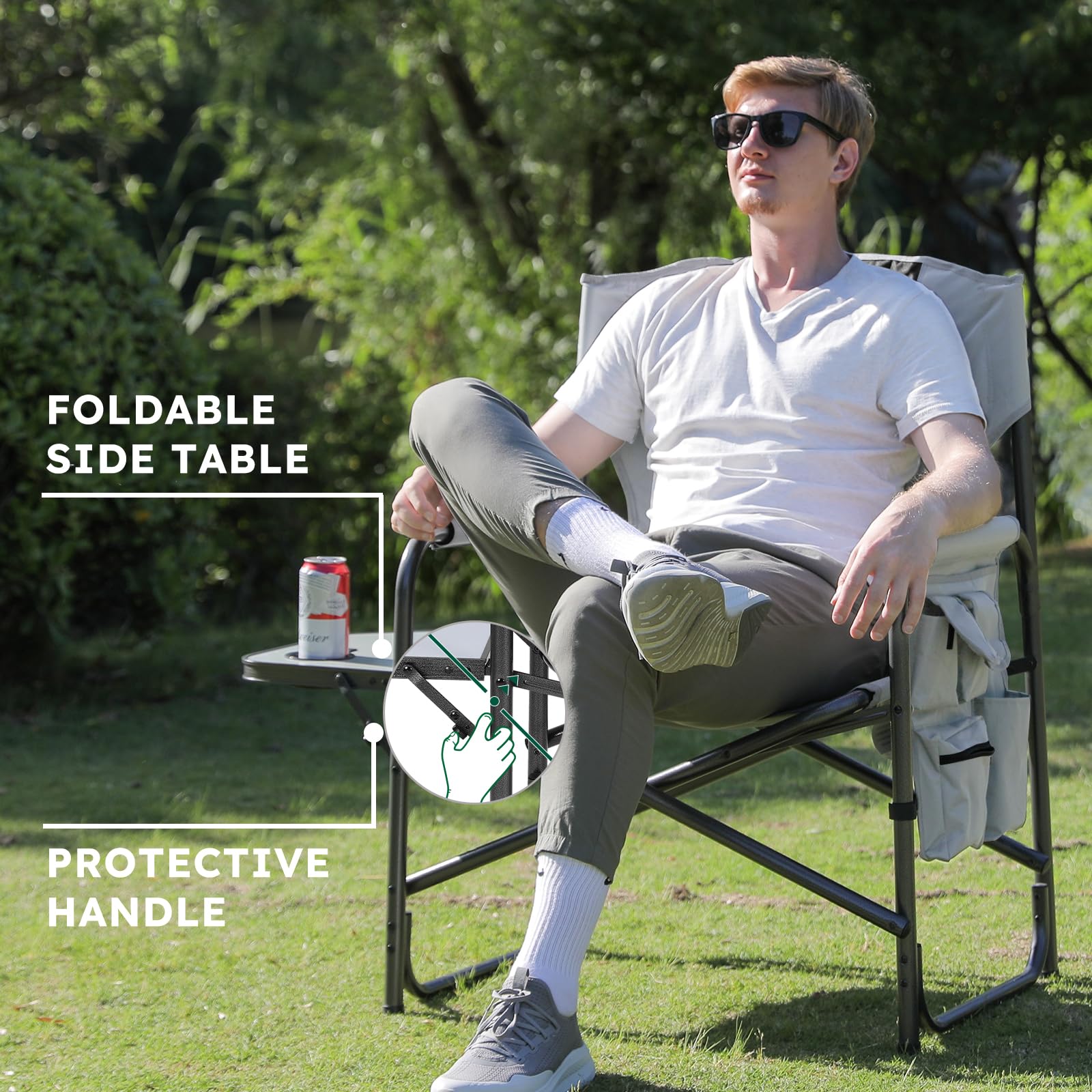Colegence adjustable side table and cupholders for drinks and gear.
