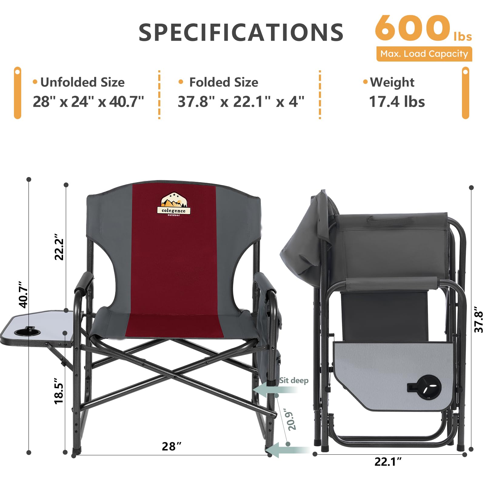 Colegence directors chair with extended side table for convenient meals.