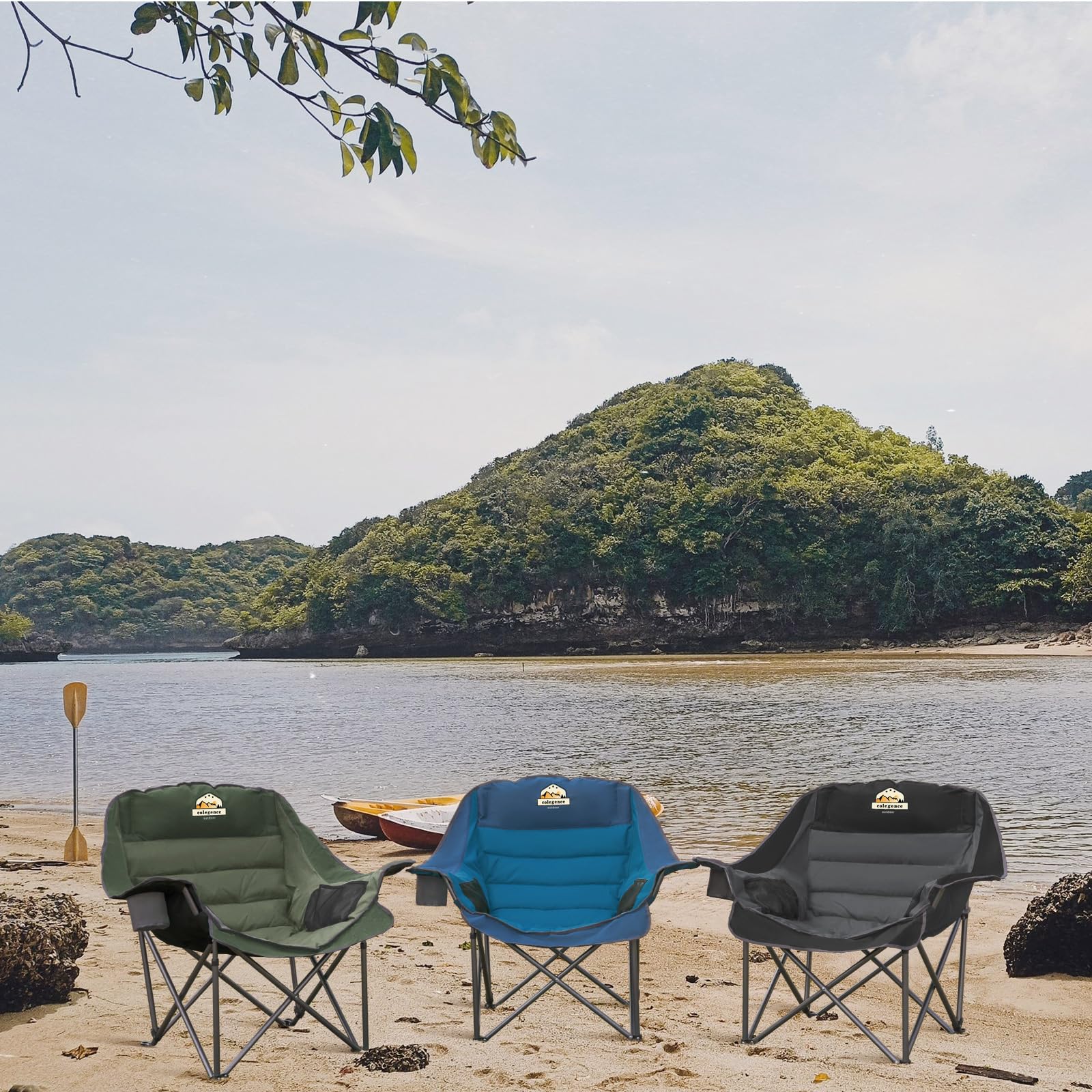 Colegence oversized XL padded camping chair folded demonstrates portability and easy storage.