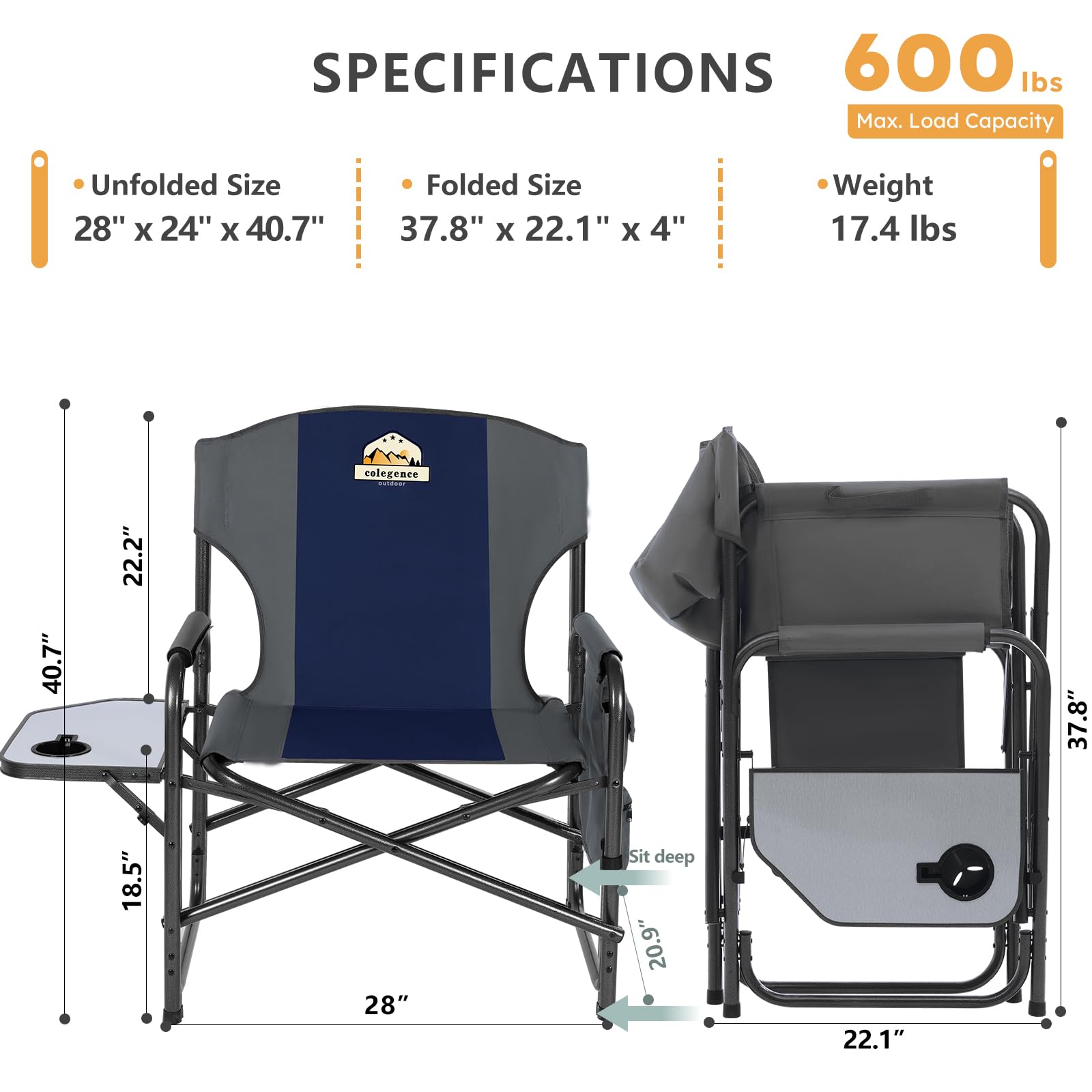 Colegence blue chair with side pocket ideal for storing essentials on the go