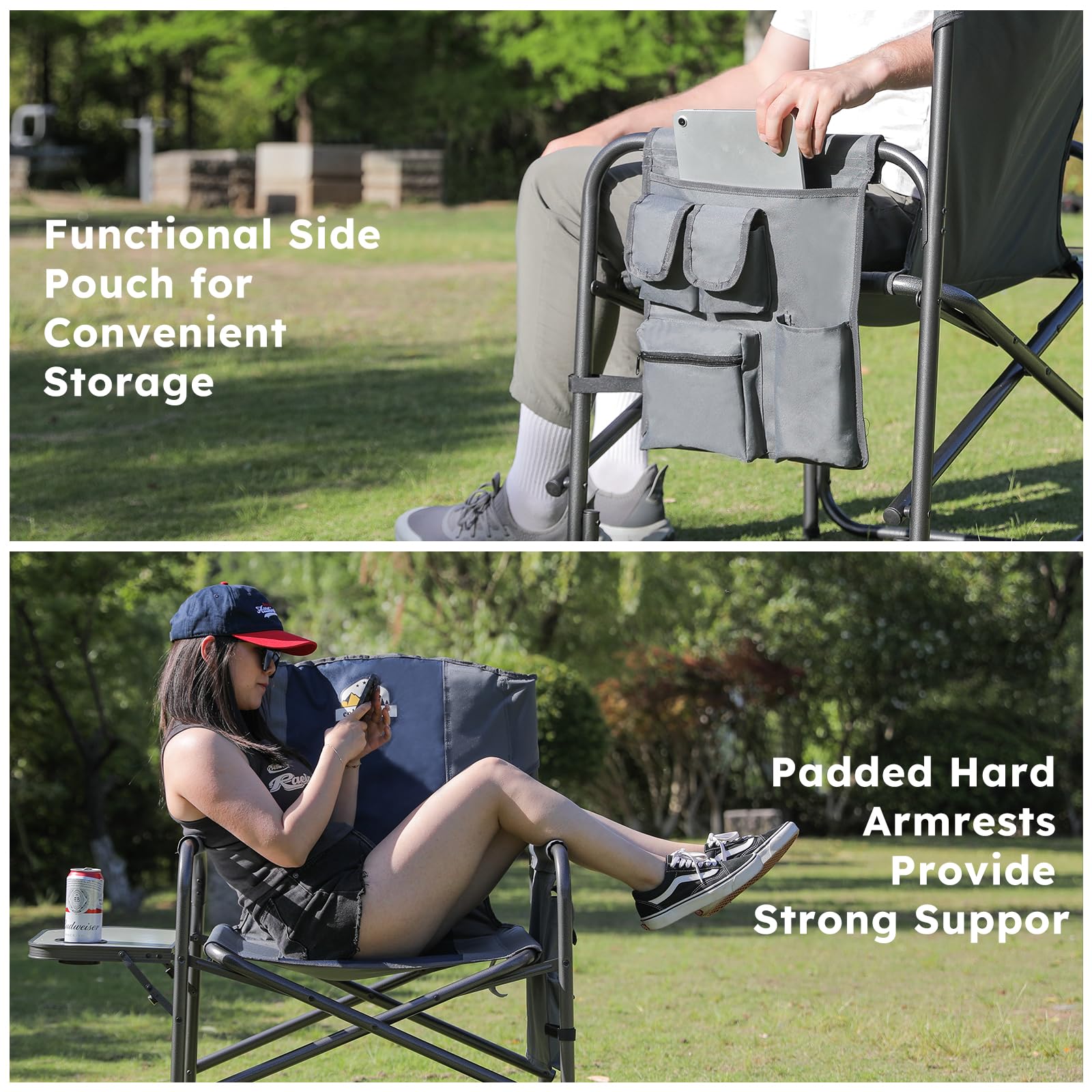 Colegence chair uses weather-resistant fabric ideal for beach and yard sessions
