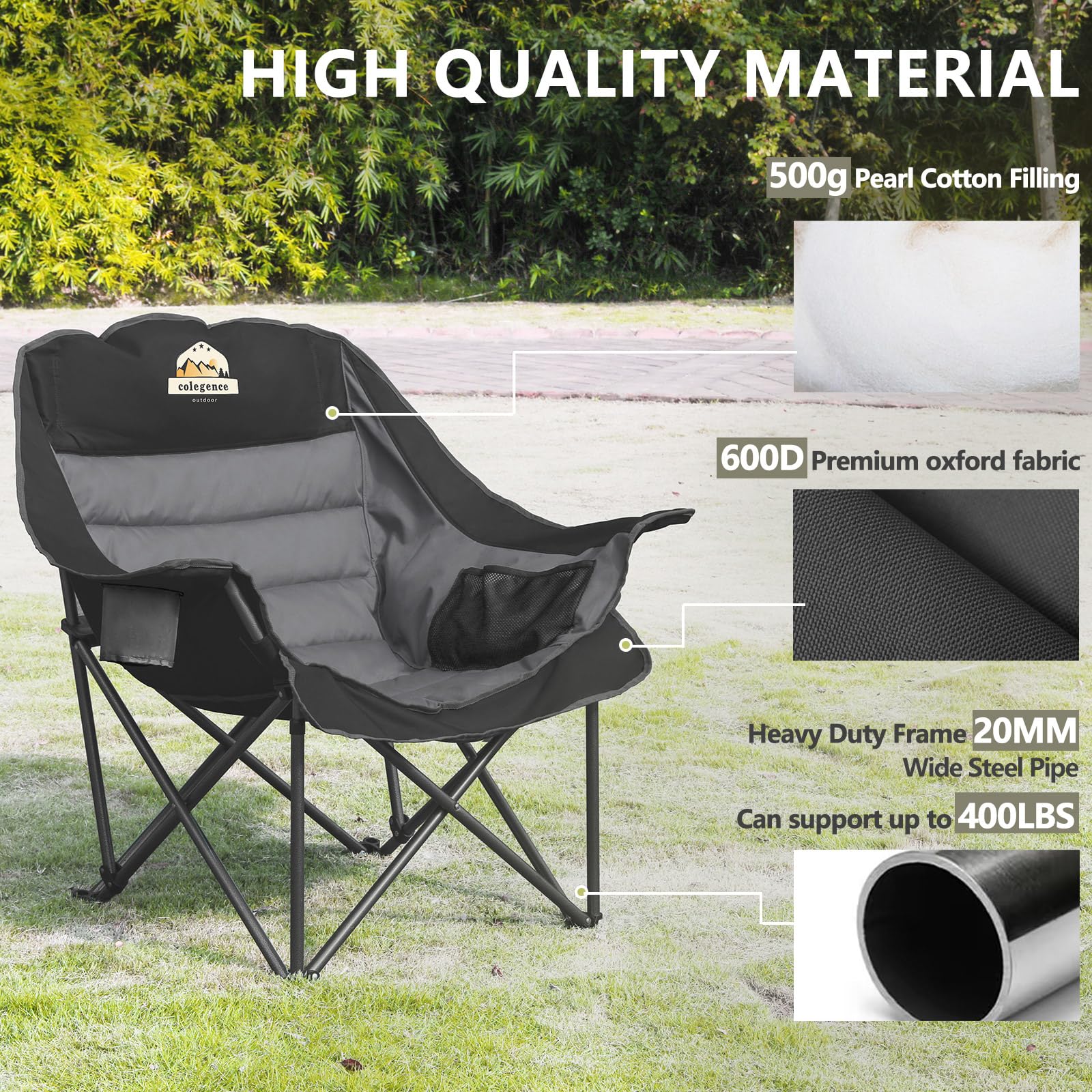 Colegence chair packed in expandable carry bag for easy transport.