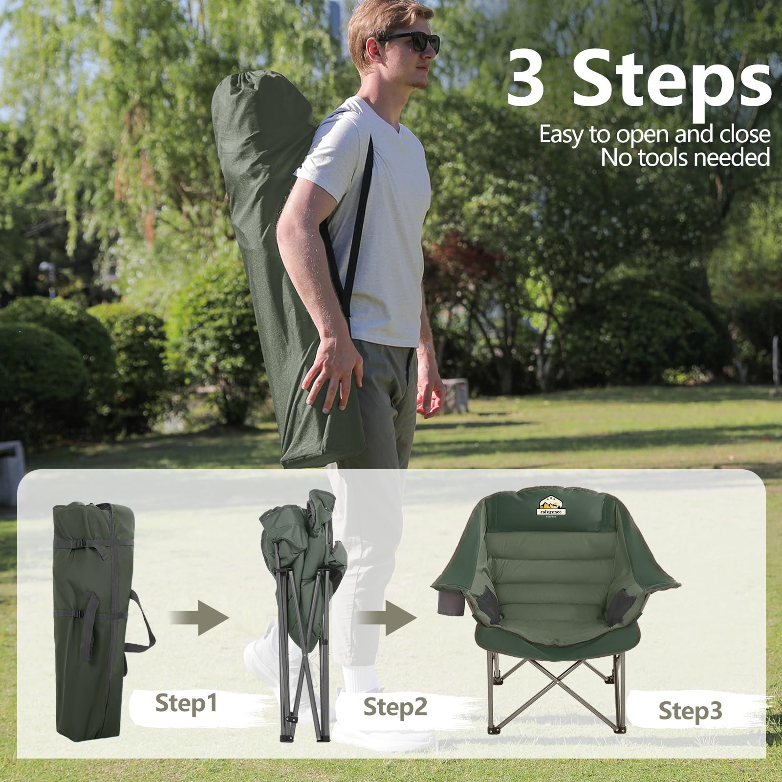 Colegence portable folding chair with carry bag and backpack strap for travel ease.