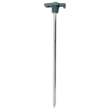 Coleman 10-inch steel tent stake in ground demonstrates quick stakeout with guylines.