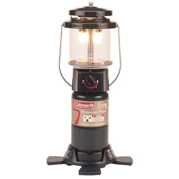 Coleman 1000-lumen lantern with folding base for portable, stable lighting on camping trips.