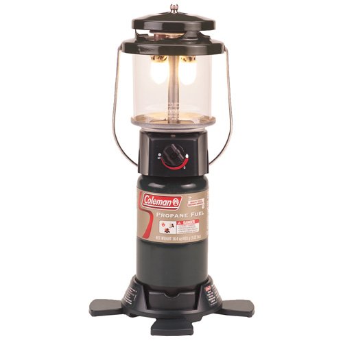 Coleman 1000-lumen lantern with folding base for portable, stable lighting on camping trips.